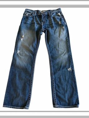 BKE Carter Jeans Men’s Size 34R Blue Bootleg Medium Wash Distressed Denim 34X30